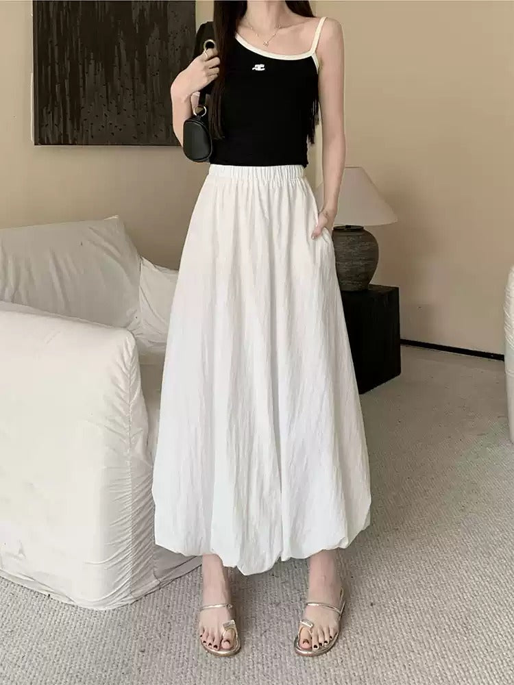 Design Black Elastic Waist Irregular Pleated Puff Skirt