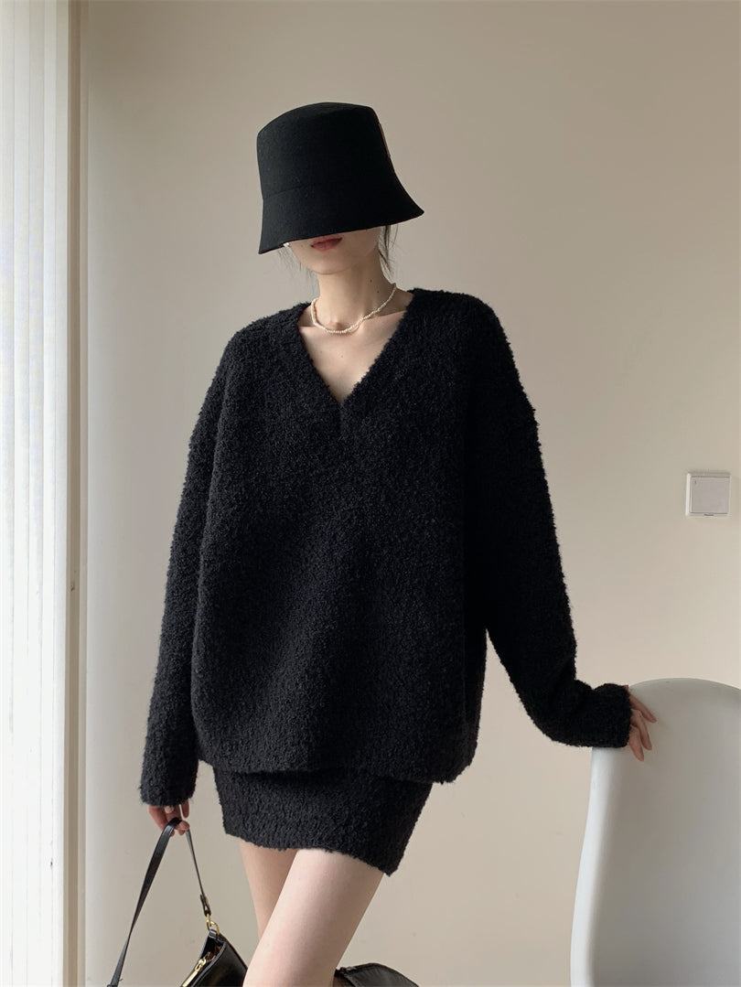 Simple Black V Neck Solid Knit Sets 2 Pieces Winter