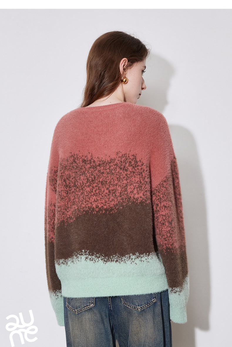 Loose Coffee O Neck Patchwork Cozy Cotton Knit Top Winter