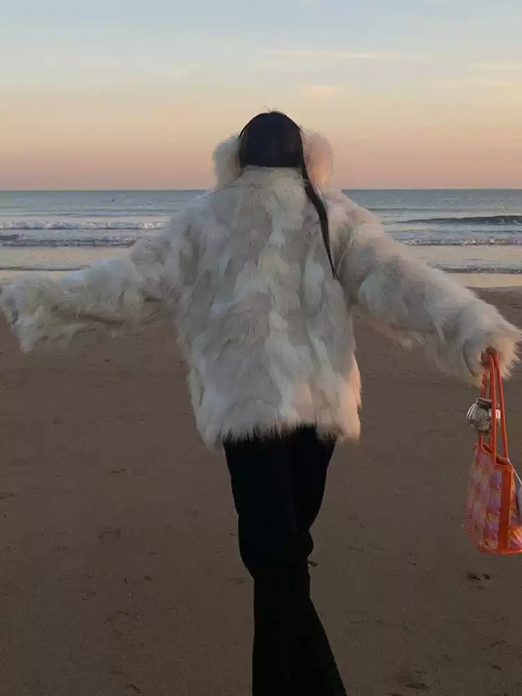 French White Pockets Leather And Fur Coats Winter