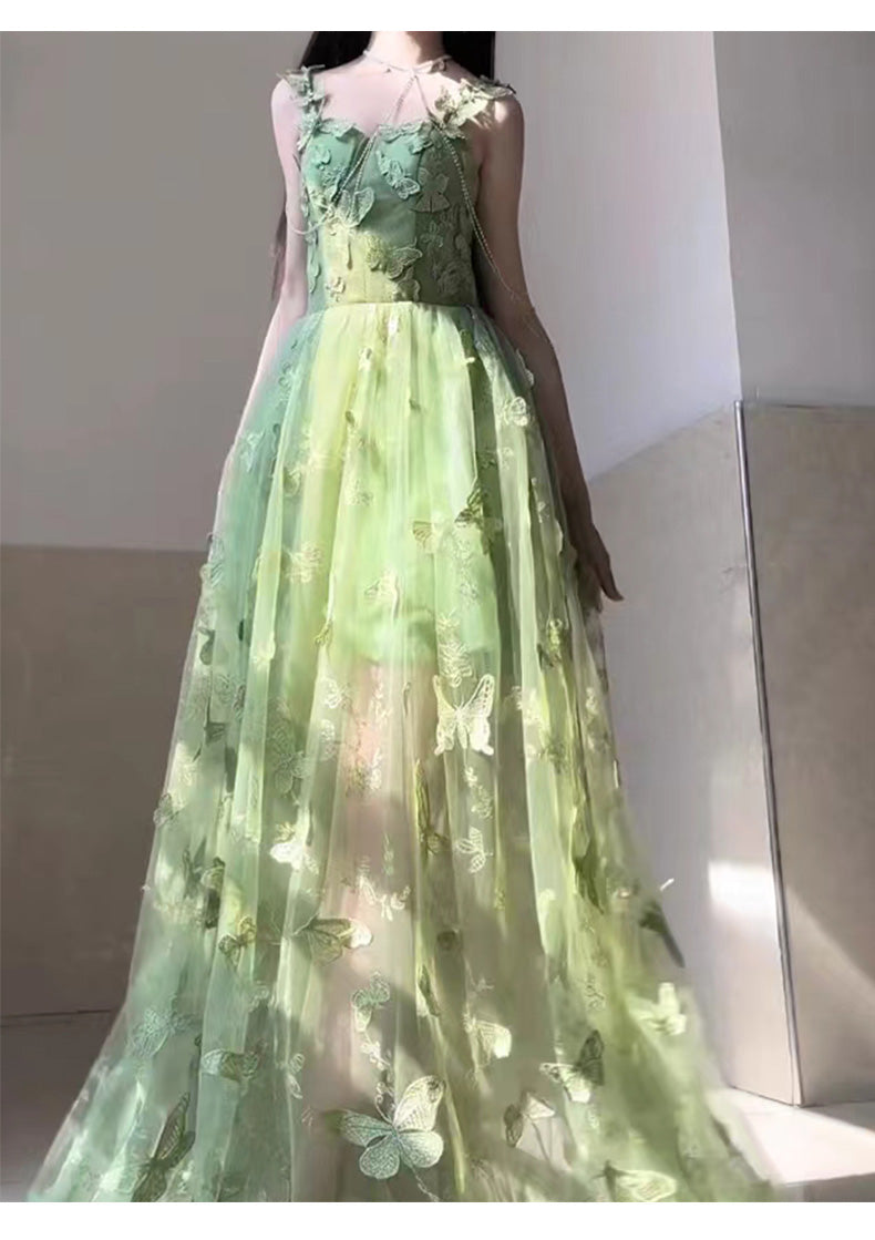 Beautiful Green Butterfly Side Open Tulle Maxi Dresses Sleeveless