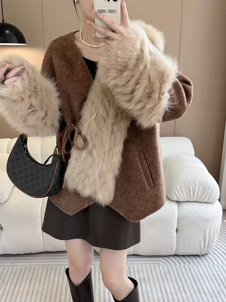 Elegant Caramel Fox Collar Patchwork Tie Waist Woolen Coats Fall