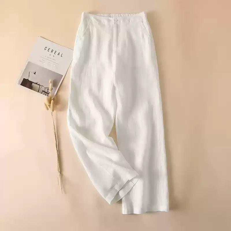 Simple White Pockets Elastic Waist Solid Linen Pants Summer