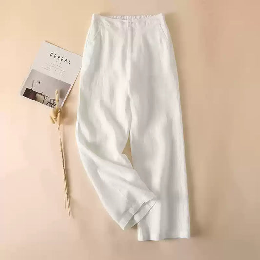 Simple White Pockets Elastic Waist Solid Linen Pants Summer