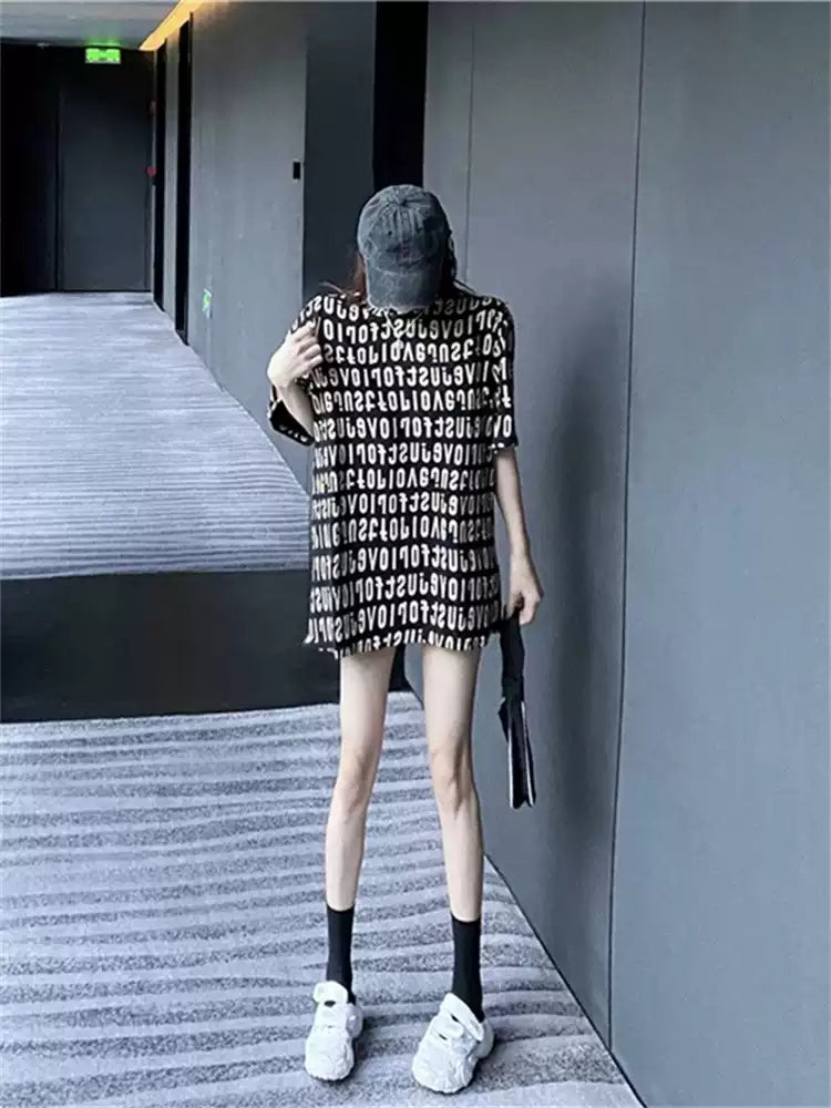 Fashion Black O-Neck Print Cotton Loose Top Summer