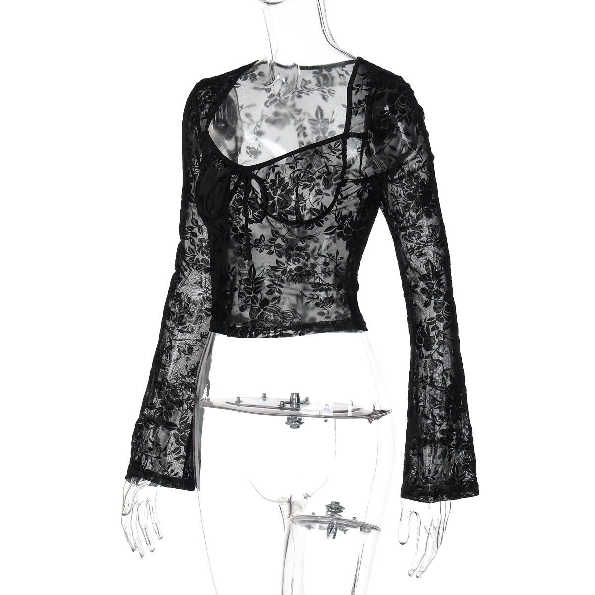 New Black Square Collar Flocking Tulle Bodysuitg