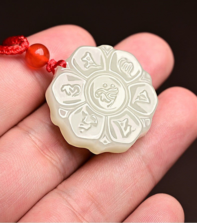 Sacred Mantra Hetian White Jade Pendant Necklace