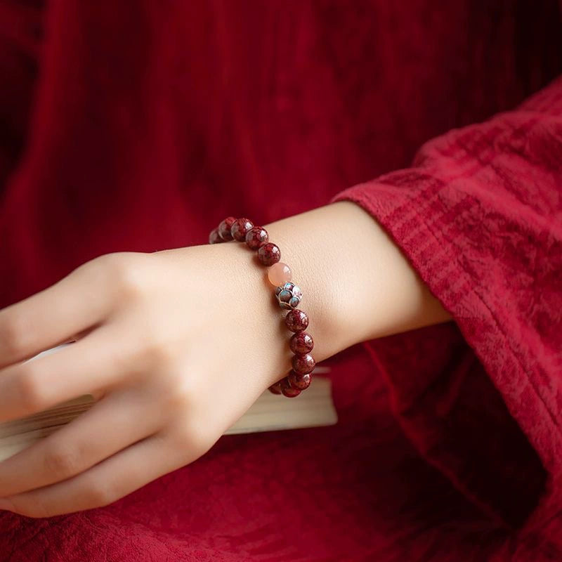 Blue-Enhanced Natural Cinnabar Beaded Bracelet for Women
