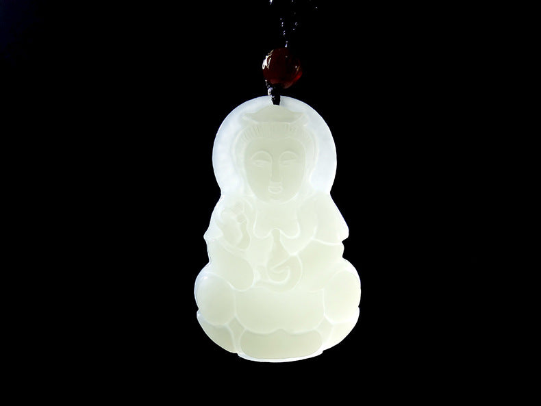 Natural Hetian White Jade Guanyin Pendant Necklace