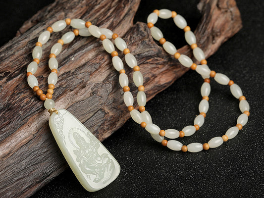 Natural Hetian White Jade Guanyin Pendant Necklace