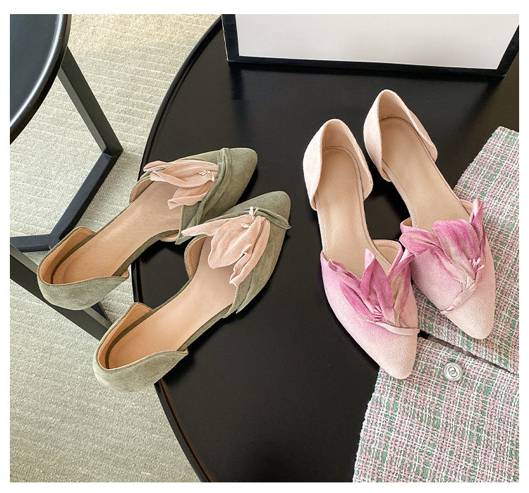 Handmade Pink Satins Flower Pointed Toe Flat Shoes