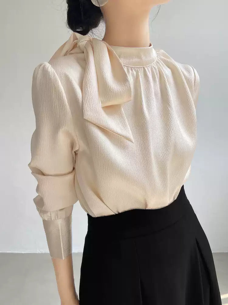 French Champagne Stand Collar Bow Silk Blouse Top Spring
