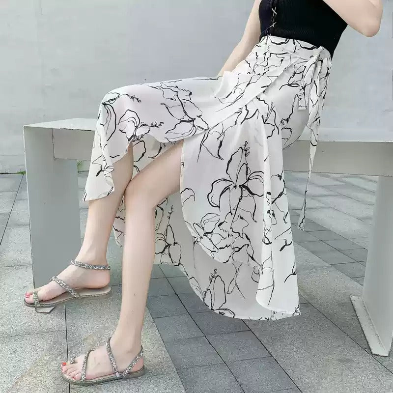 Classy White Print Elastic Waist A Line Skirts Chiffon Summer