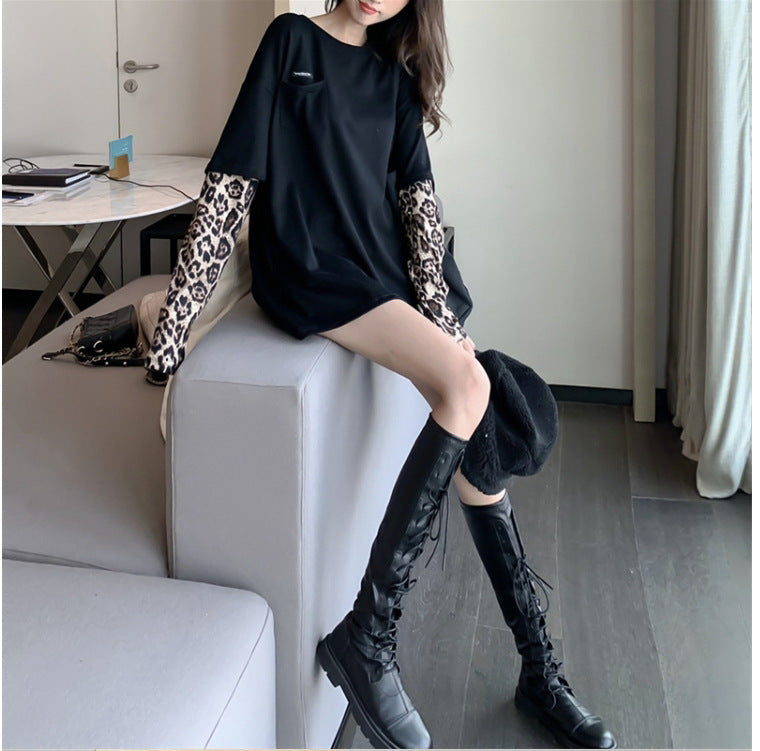 Fashion  Black O-Neck Fake Two Pieces Tops Summer
