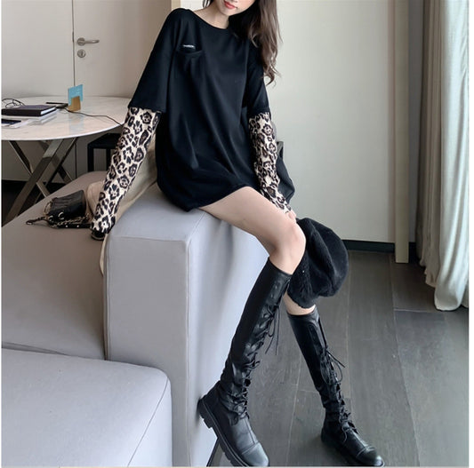 Fashion  Black O-Neck Fake Two Pieces Tops Summer