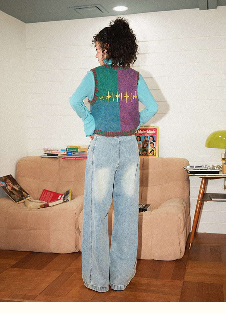 Art Blue O Neck Patchwork Cotton Knit Waistcoat Fall