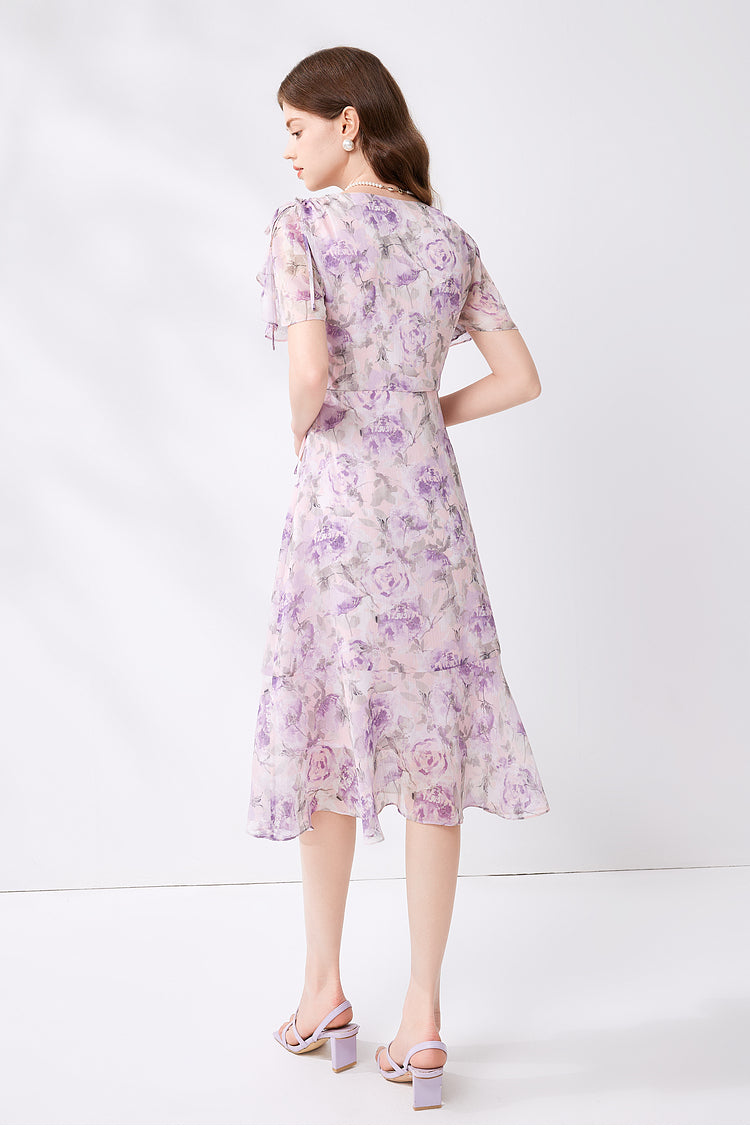 Elegant Pink V Neck Purple Lace Up Chiffon Long Dresses Summer