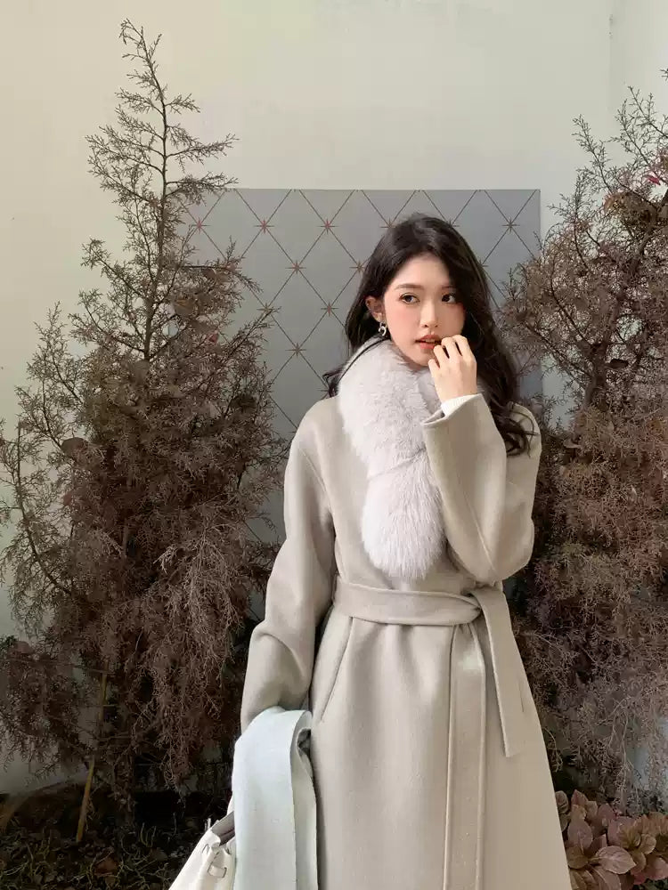 Stylish Beige Fur Collar Tie Waist Long Woolen Coats Winter