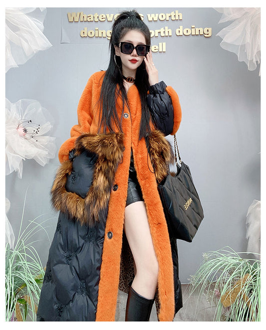 Beautiful Orange O-Neck Drawstring Patchwork Button Leather And Fur Maxi Parka Winter