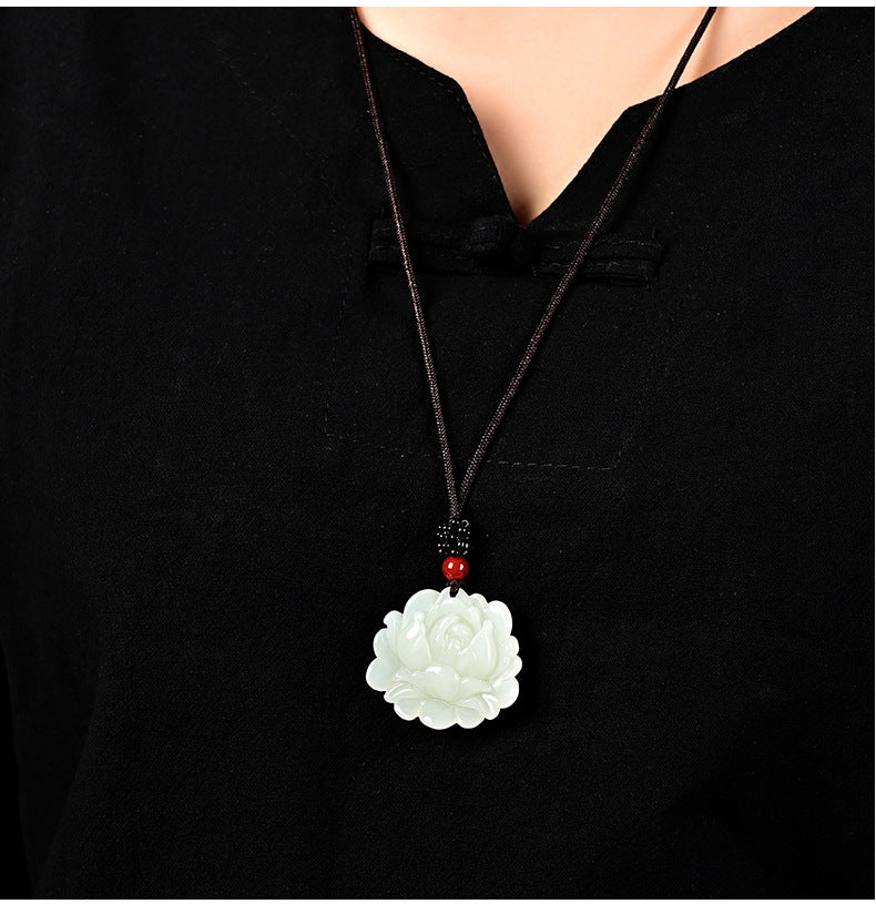 Natural Hetian Jade Lotus Pendant Necklace