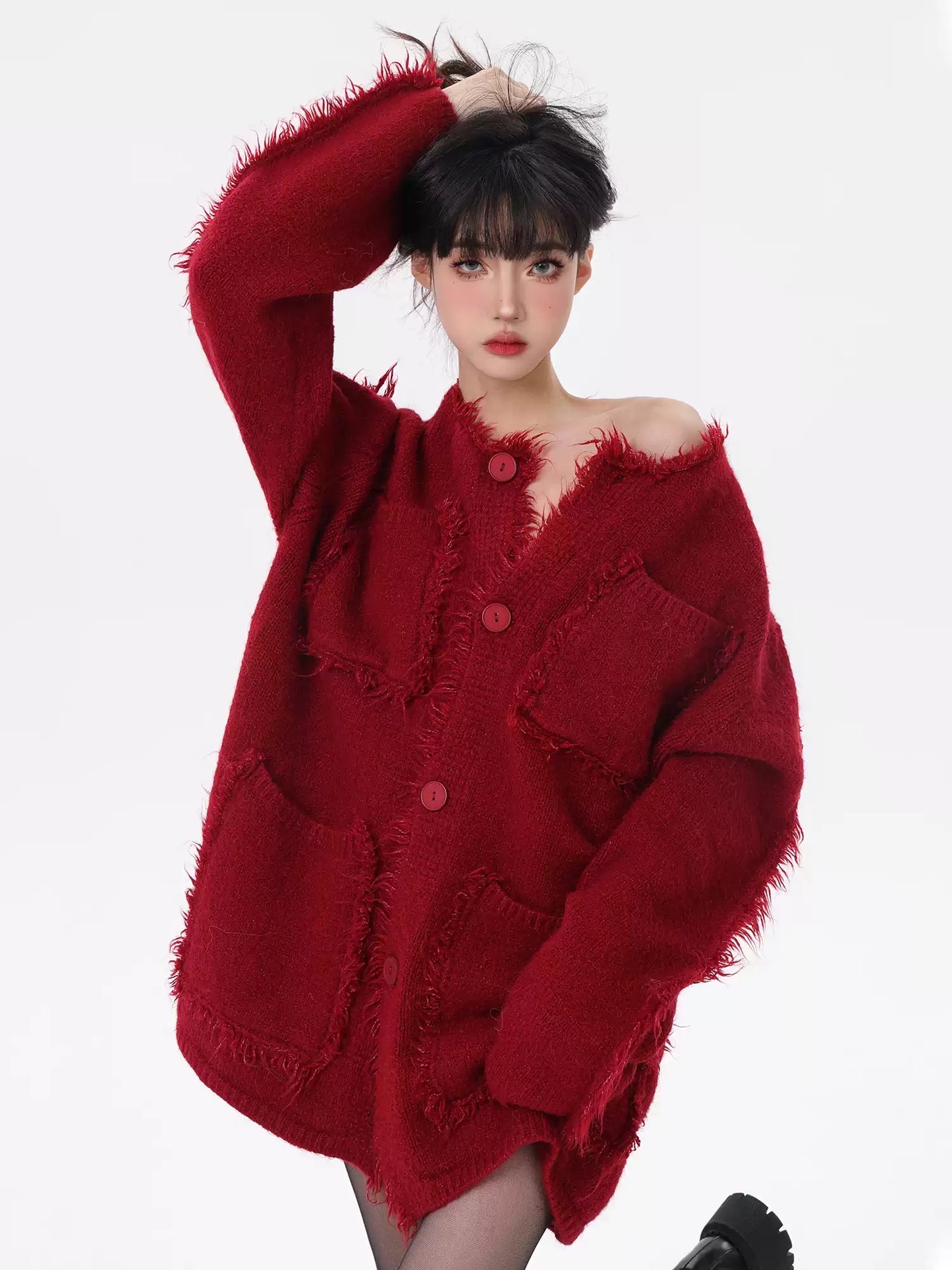 Natural Red Pockets Patchwork Button Cotton Knit Coats Fall