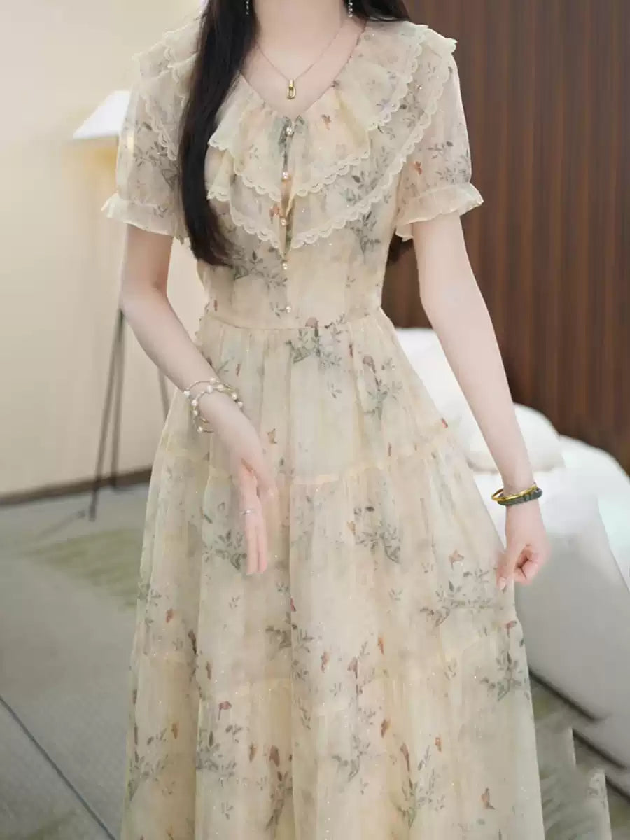 Elegant Khaki Embroidered Ruffled Chiffon Mid Dress Summer