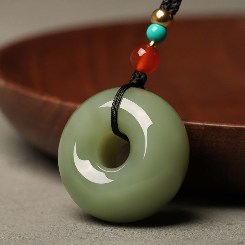 Natural Green Hetian Jade Round Pendant Necklace