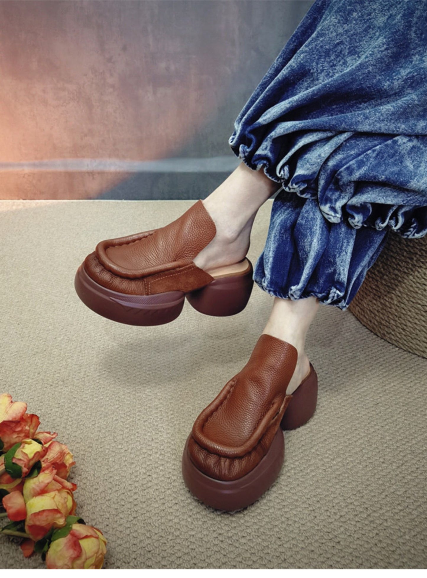 Brown Retro Splicing Cowhide Leather Platform Slide Sandals