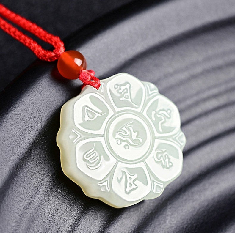 Sacred Mantra Hetian White Jade Pendant Necklace
