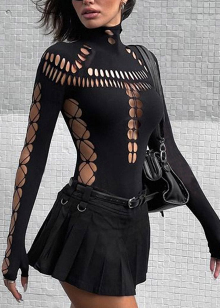 Original Design Black Turtleneck Hollow Out Tulle Bodysuit