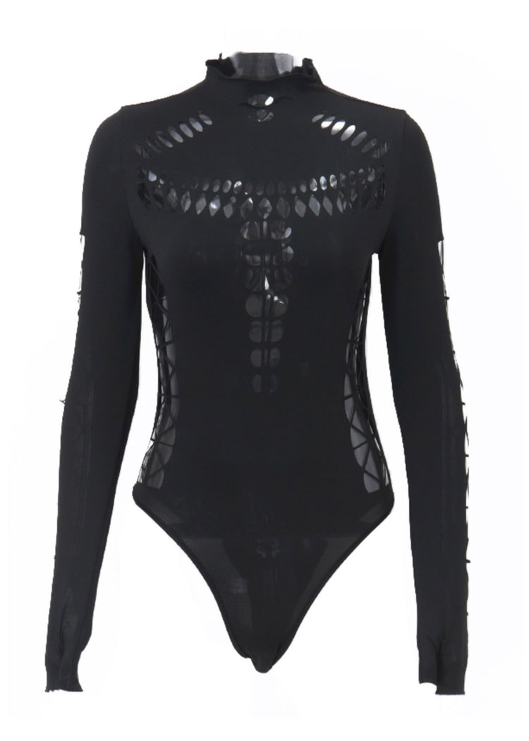 Original Design Black Turtleneck Hollow Out Tulle Bodysuit