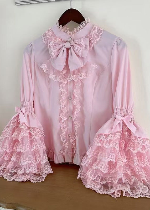 Original Design Sweet Pink Lace Patchwork Shirt Flare Sleeve
