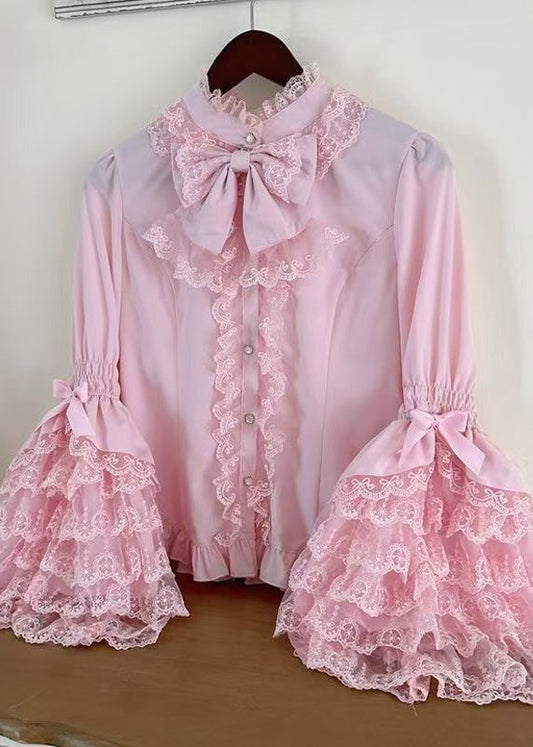 Original Design Sweet Pink Lace Patchwork Shirt Flare Sleeve