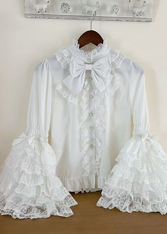 Original Design Sweet Pink Lace Patchwork Shirt Flare Sleeve