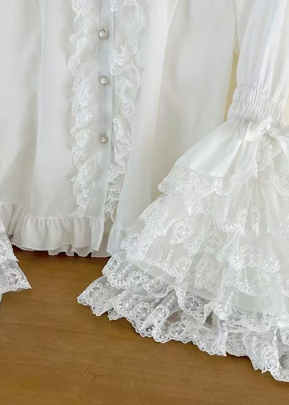 Original Design Sweet Pink Lace Patchwork Shirt Flare Sleeve