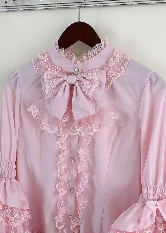 Original Design Sweet Pink Lace Patchwork Shirt Flare Sleeve