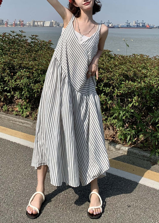 Original Design White V Neck Striped Cotton Jumpsuit Pants Sleeveless