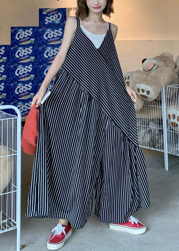 Original Design White V Neck Striped Cotton Jumpsuit Pants Sleeveless