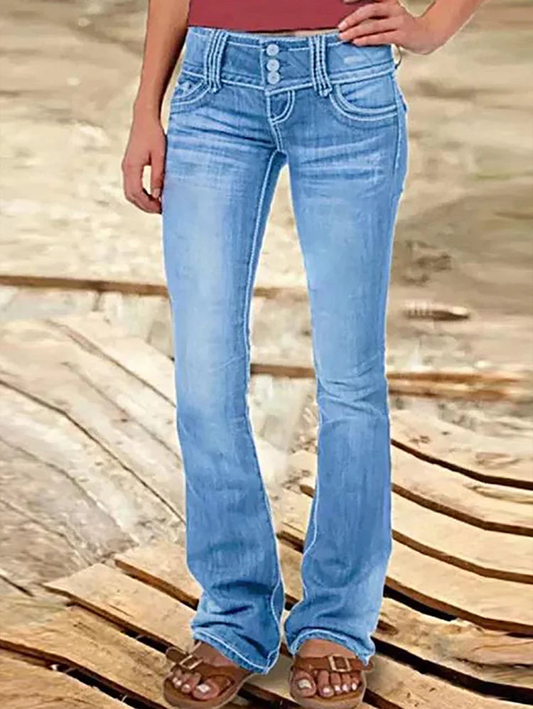 Retro Solid Color Light Washed Ripped Flare Leg Denim Pants