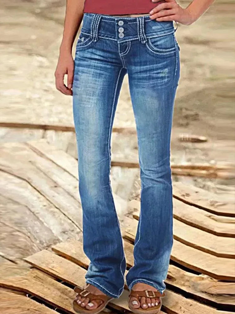 Retro Solid Color Light Washed Ripped Flare Leg Denim Pants