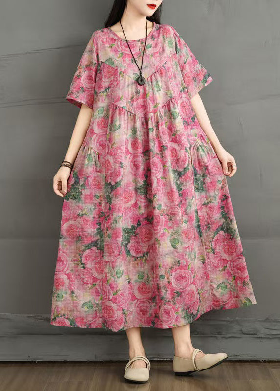 Rose Print Cotton Ankle Dress Oversized Summer