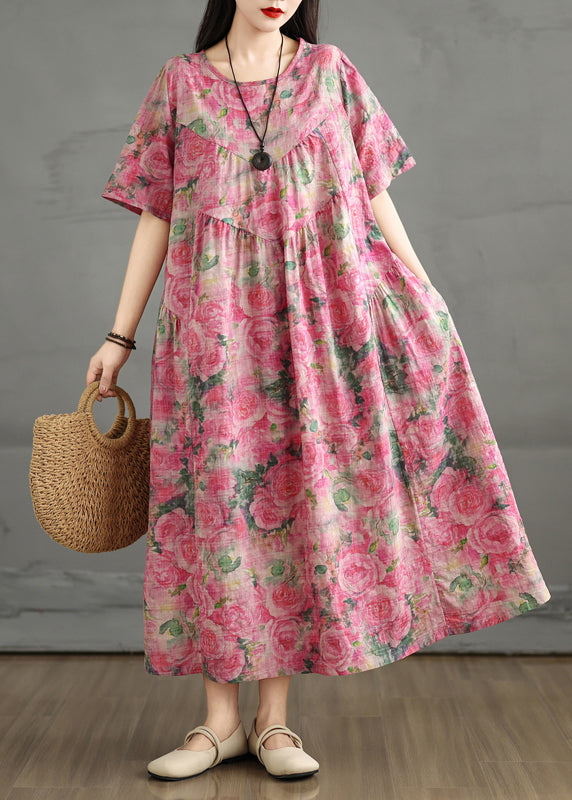 Rose Print Cotton Ankle Dress Oversized Summer