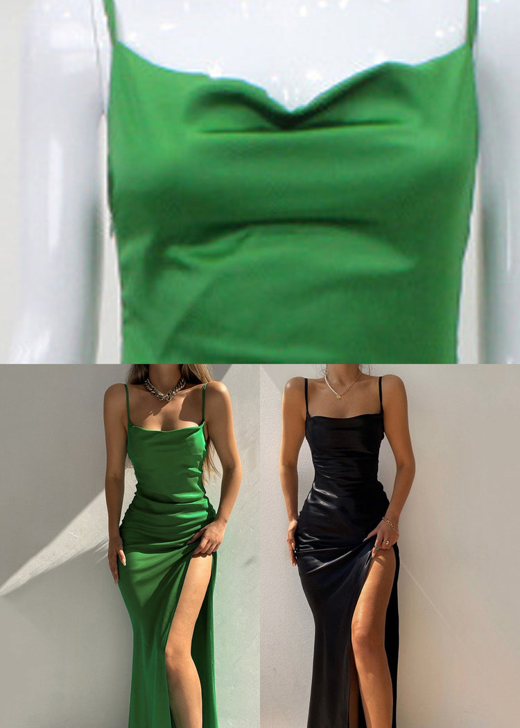 Sexy Green Slash Neck Silk Long Spaghetti Strap Dress Sleeveless