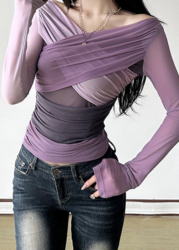 Sexy Purple Slash Neck Wrinkled Tulle Top Spring