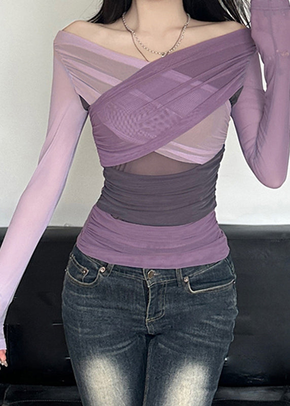 Sexy Purple Slash Neck Wrinkled Tulle Top Spring