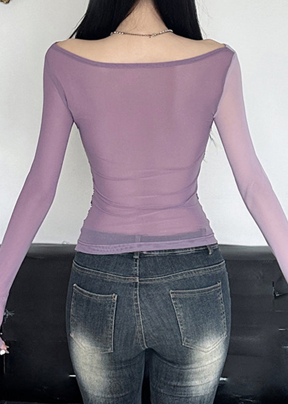 Sexy Purple Slash Neck Wrinkled Tulle Top Spring