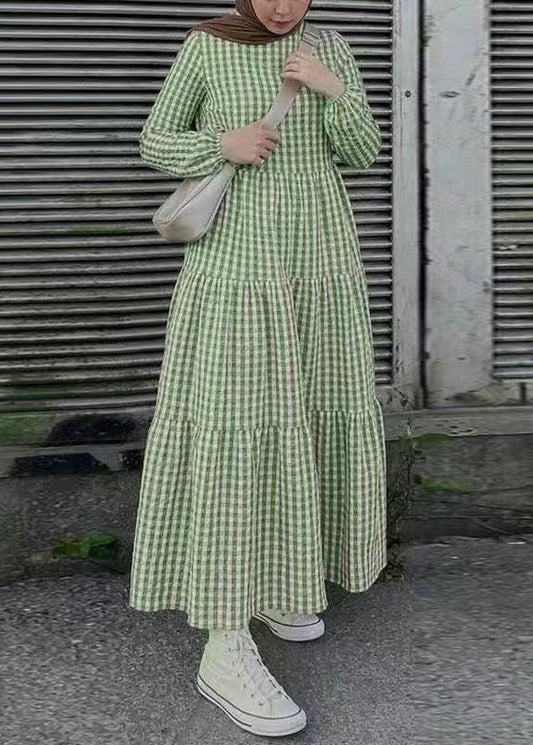Simple Green Plaid Cotton Maxi Dresses Spring