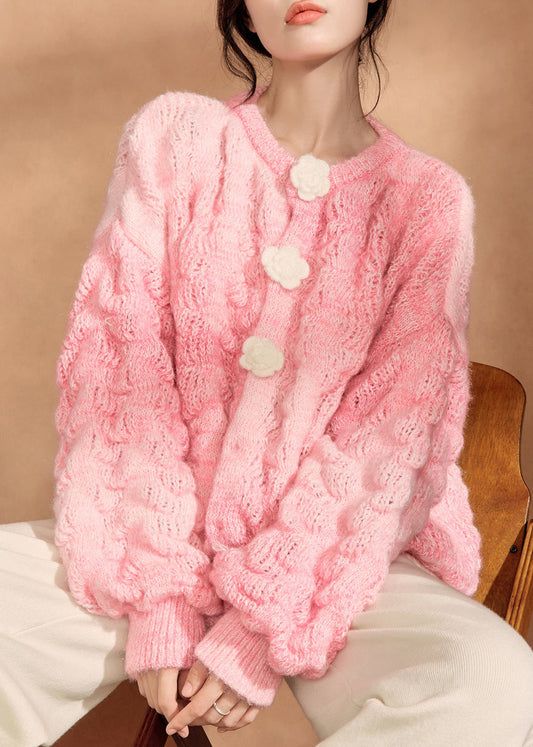 Simple Pink O Neck Floral Button Knit Cardigan Fall