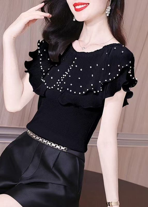 Slim Fit Black Ruffled Zircon Knit T Shirt Summer