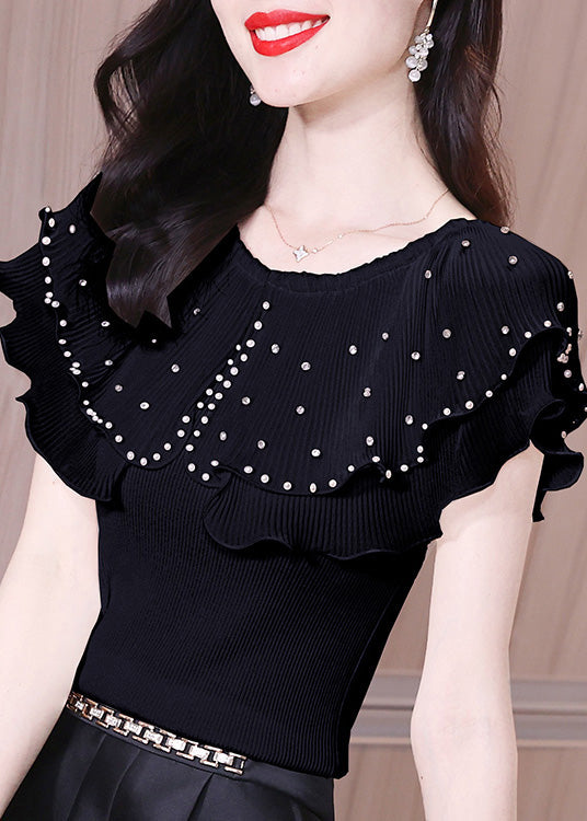 Slim Fit Black Ruffled Zircon Knit T Shirt Summer